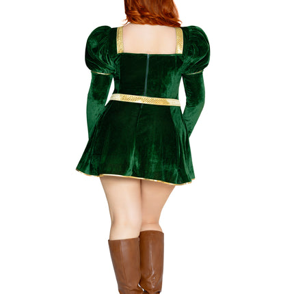 Plus Size 3 PC Swamp Princess Costume, Includes Velvet Dress with Gauntlet Sleeve, Belt, And Crown. - Green - 1X-2X