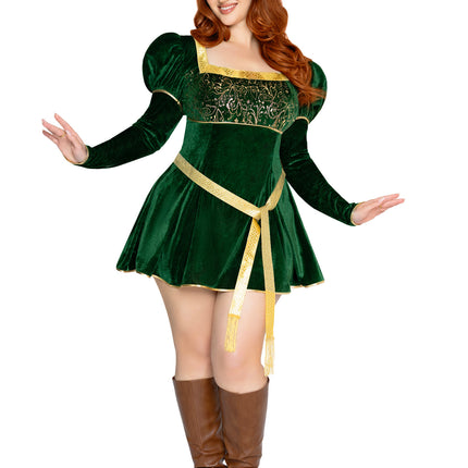 Plus Size 3 PC Swamp Princess Costume, Includes Velvet Dress with Gauntlet Sleeve, Belt, And Crown. - Green - 1X-2X