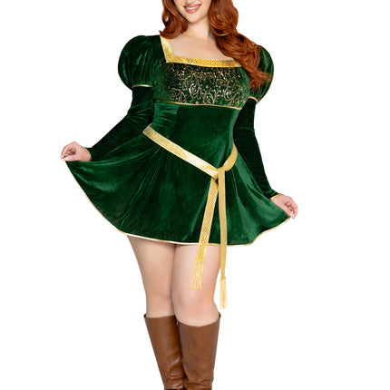 Plus Size 3 PC Swamp Princess Costume, Includes Velvet Dress with Gauntlet Sleeve, Belt, And Crown. - Green - 1X-2X