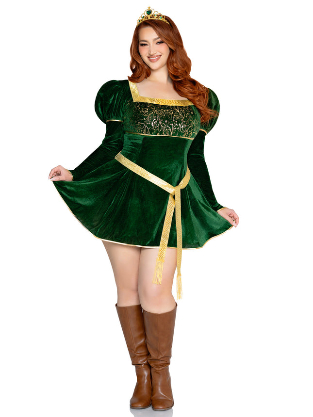 Plus Size 3 PC Swamp Princess Costume, Includes Velvet Dress with Gauntlet Sleeve, Belt, And Crown. - Green - 3X-4X