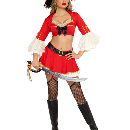 5 PC Sexy Wench Costume, Includes Bra Top, Garter Skirt, Cropped Jacket with Flared Sleeves, Head Scarf, and Belt. - Red - SMALL