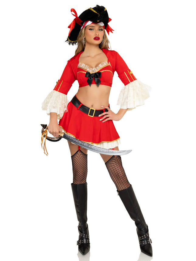5 PC Sexy Wench Costume, Includes Bra Top, Garter Skirt, Cropped Jacket with Flared Sleeves, Head Scarf, and Belt. - Red - MEDIUM