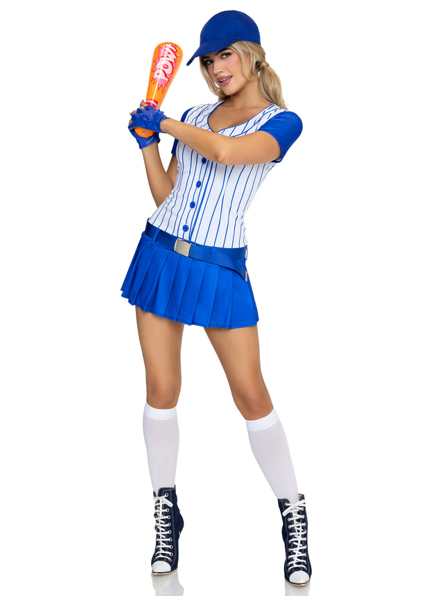 5 PC Home Run Hitter Costume, Includes Button-Up Dress with Pleated Skirt, Belt, Gloves, Hat, and Inflatable Bat. - Blue - SMALL