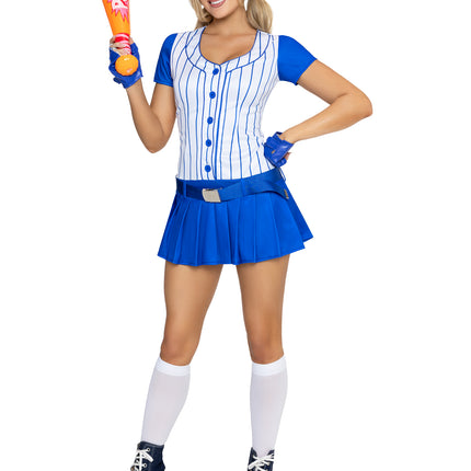 5 PC Home Run Hitter Costume, Includes Button-Up Dress with Pleated Skirt, Belt, Gloves, Hat, and Inflatable Bat. - Blue - XS