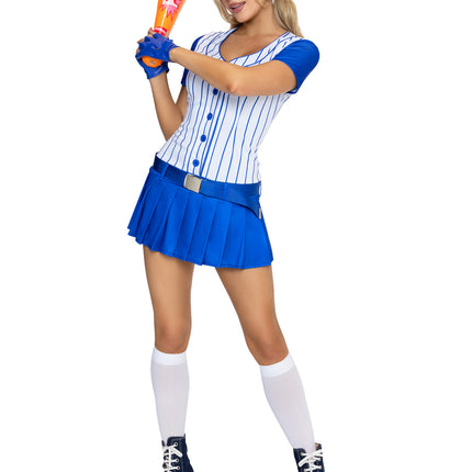 5 PC Home Run Hitter Costume, Includes Button-Up Dress with Pleated Skirt, Belt, Gloves, Hat, and Inflatable Bat. - Blue - XS