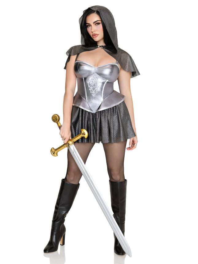 2 PC Rebel Knight Costume, Includes Metallic Dress and Faux-Chain Mail Hooded Capelet. - Silver - XS