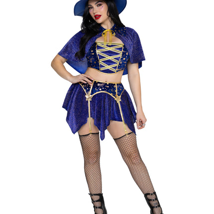 4 PC Starstruck Wizard Costume, Includes Glitter Velvet Top, Garter Skirt, Cape, and Hat. - Blue - SMALL