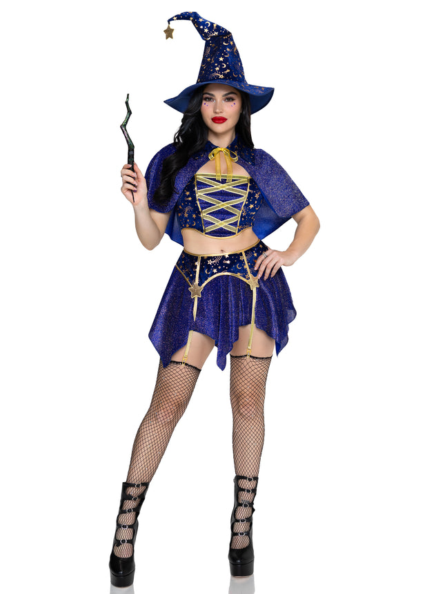 4 PC Starstruck Wizard Costume, Includes Glitter Velvet Top, Garter Skirt, Cape, and Hat. - Blue - SMALL