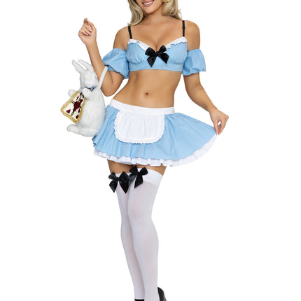4 PC Wonderland Alice Costume, Includes Top with Arm Puffs and Adjustable Straps, Skirt, Pin-On Back Bow, and Headband. - Blue - MEDIUM