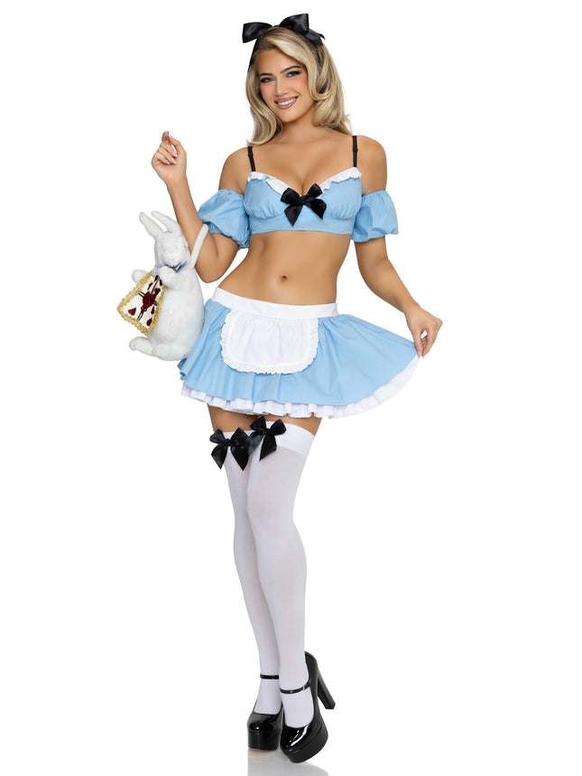 4 PC Wonderland Alice Costume, Includes Top with Arm Puffs and Adjustable Straps, Skirt, Pin-On Back Bow, and Headband. - Blue - MEDIUM
