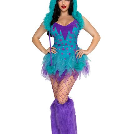 3 PC Monster Hottie Costume, Includes Dress with Tattered Tulle Skirt, Leg Warmers and Furry Monster Hood. - Multicolor - SMALL