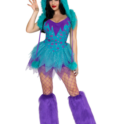 3 PC Monster Hottie Costume, Includes Dress with Tattered Tulle Skirt, Leg Warmers and Furry Monster Hood. - Multicolor - SMALL