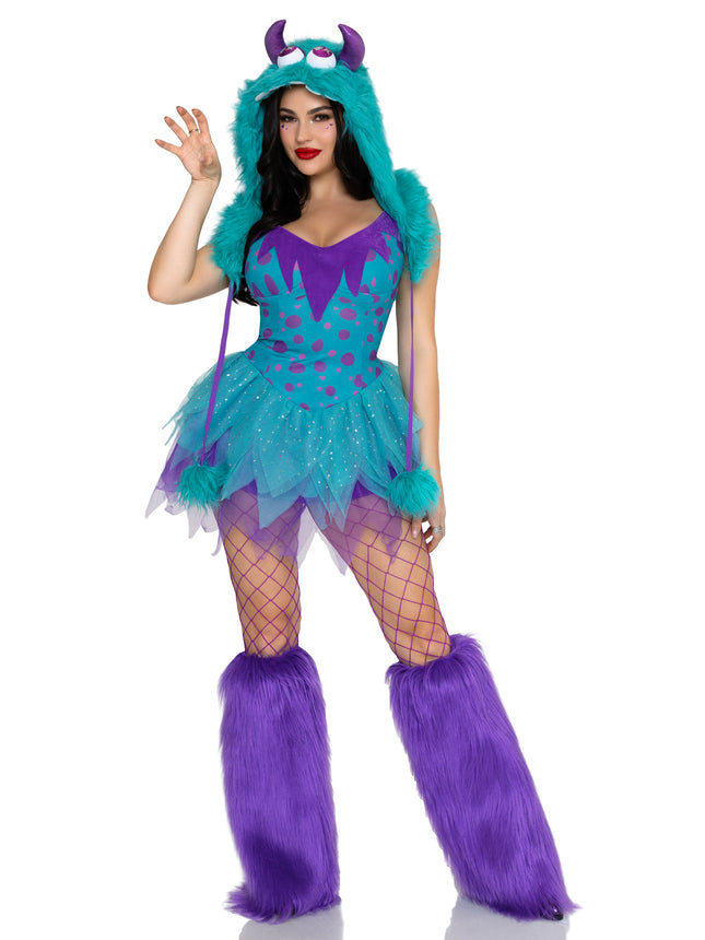 3 PC Monster Hottie Costume, Includes Dress with Tattered Tulle Skirt, Leg Warmers and Furry Monster Hood. - Multicolor - SMALL