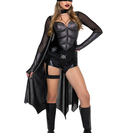 4 PC Dark Crimefighter Costume, Includes Gloved Bodysuit with Padded Abs, Cape, Harness Belt, and Mask. - Black - LARGE