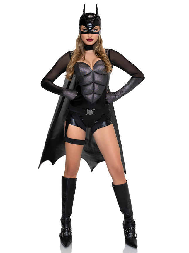 4 PC Dark Crimefighter Costume, Includes Gloved Bodysuit with Padded Abs, Cape, Harness Belt, and Mask. - Black - XS