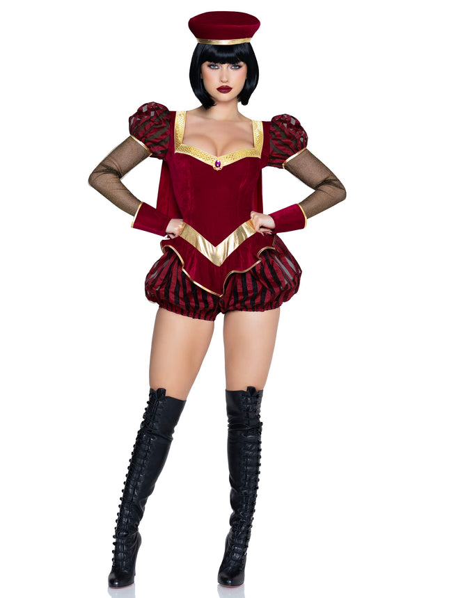 3 PC Tiny Tyrant Costume, Includes Bloomer Romper with Cape, Wrist Cuffs, and Hat. - Burgundy - LARGE