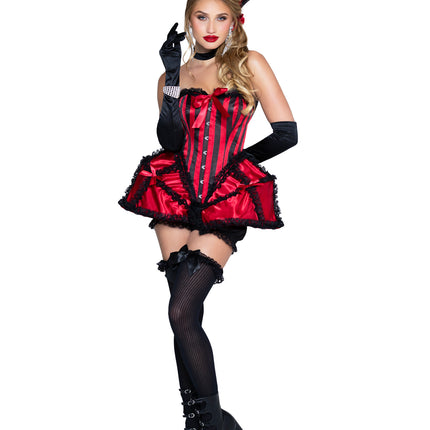 4 PC Dancehall Darling Costume, Includes Lace-Up Corset Dress with Boning and Ruffled Cage Skirt, Bloomer Shorts, Choker, and Head Piece. - Red - LARGE