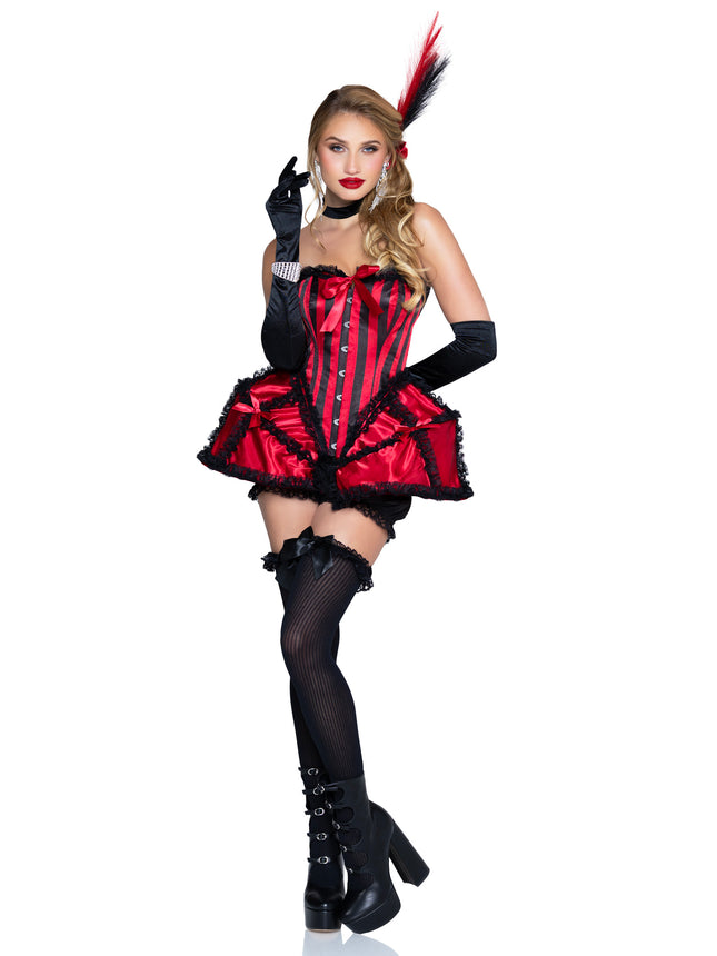 4 PC Dancehall Darling Costume, Includes Lace-Up Corset Dress with Boning and Ruffled Cage Skirt, Bloomer Shorts, Choker, and Head Piece. - Red - X-LARGE