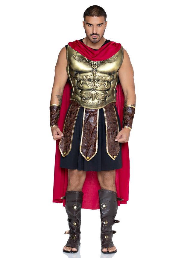 5 PC Men's Battle Gladiator Costume, Includes Tunic, Faux Leather Panel Belt, Cape, Molded Chest Plate, and Wrist Cuffs. - Multicolor - X-LARGE