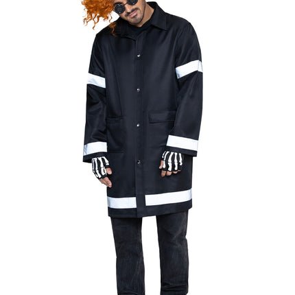 Men's 3 PC Mystery Messenger Costume, Includes Coat with Reflective Trim, Glasses, and Fingerless Gloves. - Black - O/S