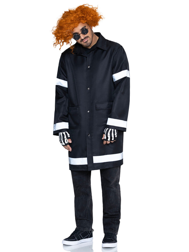 Men's 3 PC Mystery Messenger Costume, Includes Coat with Reflective Trim, Glasses, and Fingerless Gloves. - Black - O/S