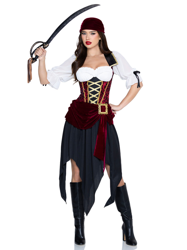 2 PC Pirate Beauty Costume, Includes Dress with Brocade Waist and Chiffon Sleeves, Attached Velvet Sash with Buckle Detail, and Matching Head Scarf. - Multicolor - SMALL