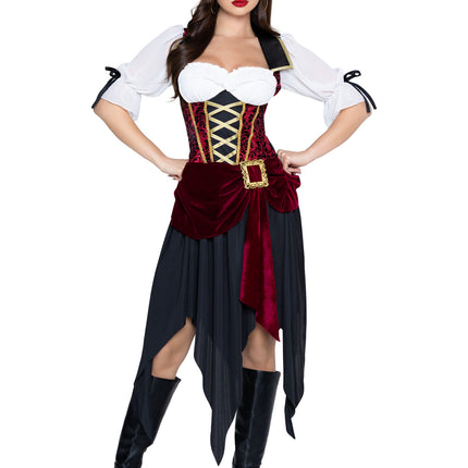 2 PC Pirate Beauty Costume, Includes Dress with Brocade Waist and Chiffon Sleeves, Attached Velvet Sash with Buckle Detail, and Matching Head Scarf. - Multicolor - X-LARGE