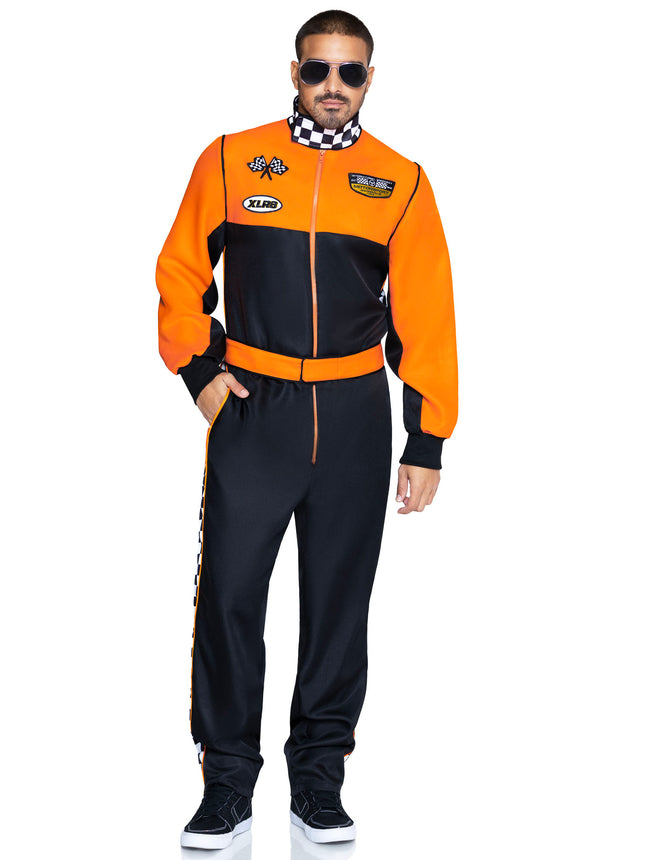 Men's 2 PC Grand Prix Pro Costume, Includes Jumpsuit with Pockets, Two-Way Zipper, and Belt. - Multicolor - MEDIUM