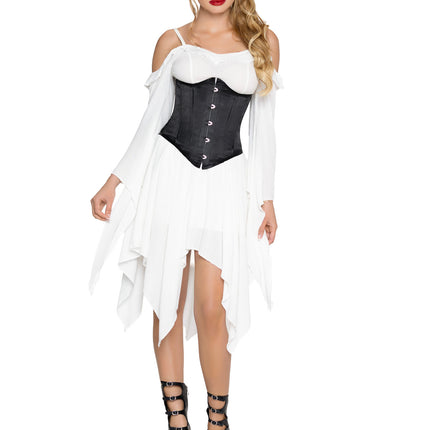 Steel Boned Satin Waist Cincher with Full Busk Closer and Lace-Up Back. - Black - SMALL