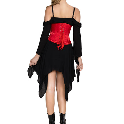 Steel Boned Satin Waist Cincher with Full Busk Closer and Lace-Up Back. - Red - LARGE