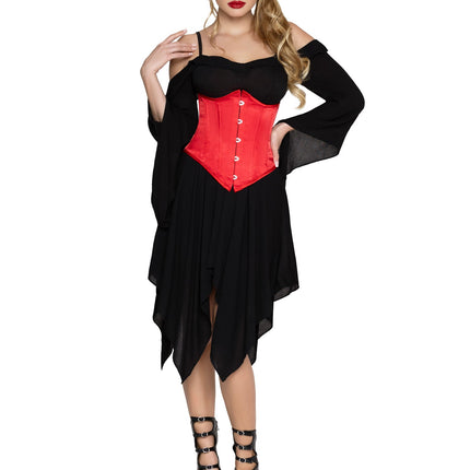 Steel Boned Satin Waist Cincher with Full Busk Closer and Lace-Up Back. - Red - LARGE