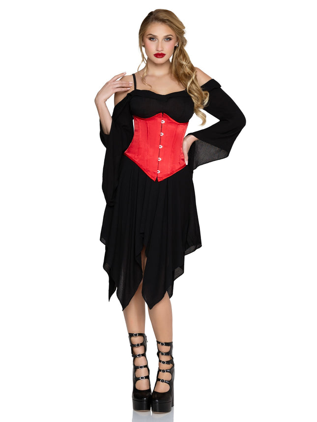 Steel Boned Satin Waist Cincher with Full Busk Closer and Lace-Up Back. - Red - X-LARGE