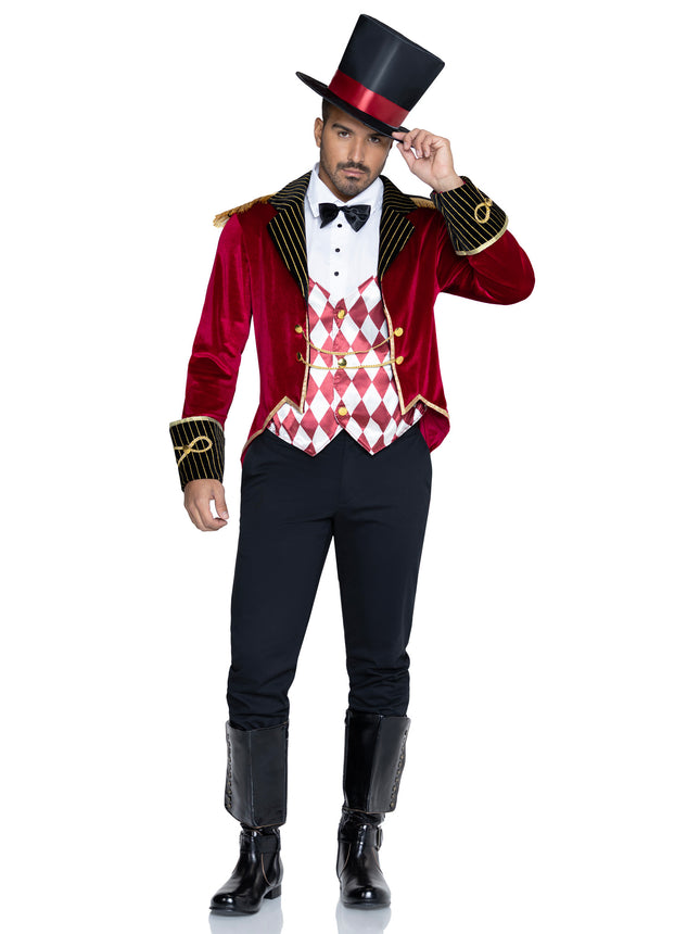 Men's 3 PC Ring Master Costume, Includes Velvet Jacket with Tailcoat and Attached Vest, Dickey, and Top Hat. - Multicolor - MED/LGE