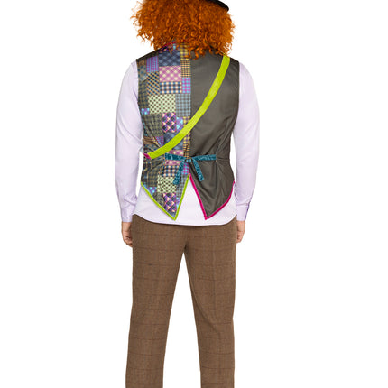 Men's 4 PC Mad Hatter Costume Kit, Includes Patchwork Vest, Bow Tie, Sash, and Hat. - Multicolor - X-LARGE