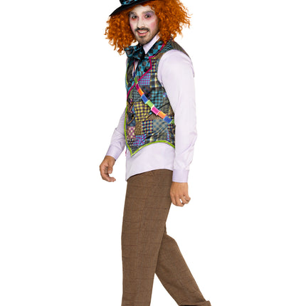 Men's 4 PC Mad Hatter Costume Kit, Includes Patchwork Vest, Bow Tie, Sash, and Hat. - Multicolor - X-LARGE
