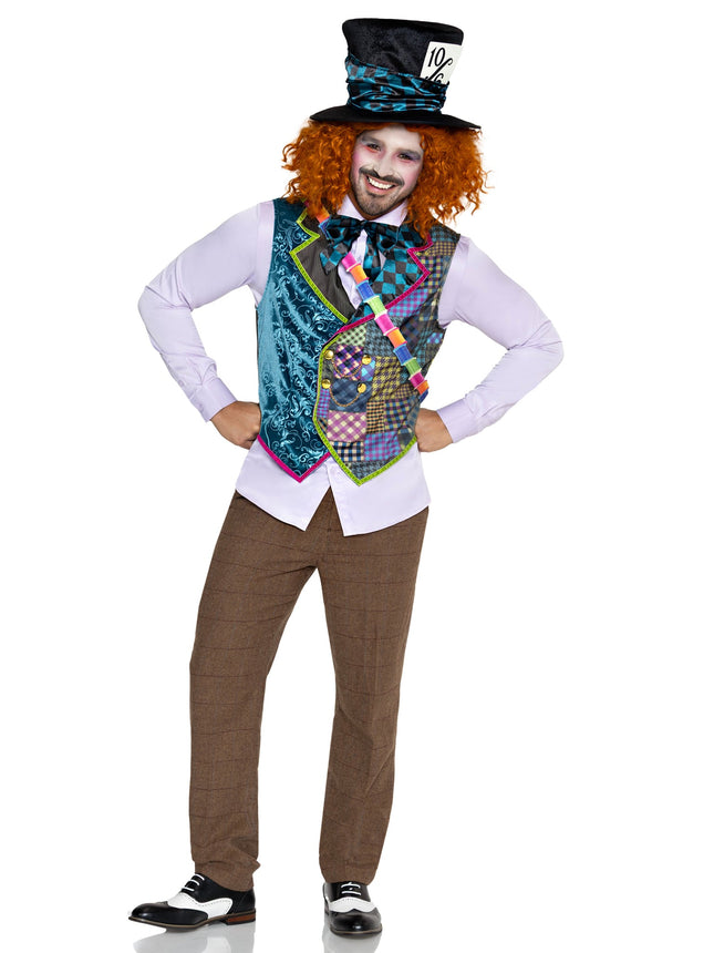 Men's 4 PC Mad Hatter Costume Kit, Includes Patchwork Vest, Bow Tie, Sash, and Hat. - Multicolor - SML/MED