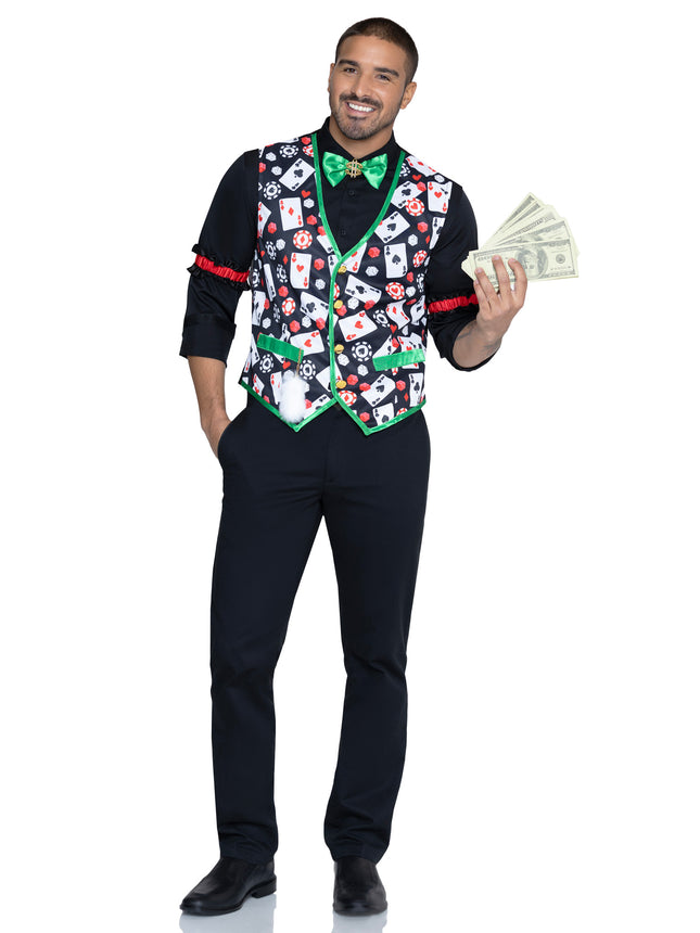 Men's 3 PC Casino Costume Kit, Includes Playing Card Vest with Attached Lucky Rabbit's Foot, Dollar Sign Bow Tie, and (2) Arm Bands. - Multicolor - X-LARGE