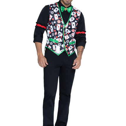 Men's 3 PC Casino Costume Kit, Includes Playing Card Vest with Attached Lucky Rabbit's Foot, Dollar Sign Bow Tie, and (2) Arm Bands. - Multicolor - MED/LGE