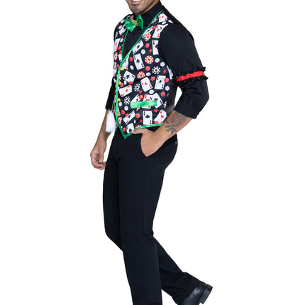 Men's 3 PC Casino Costume Kit, Includes Playing Card Vest with Attached Lucky Rabbit's Foot, Dollar Sign Bow Tie, and (2) Arm Bands. - Multicolor - MED/LGE