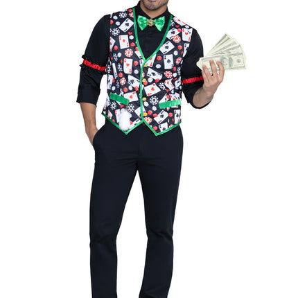 Men's 3 PC Casino Costume Kit, Includes Playing Card Vest with Attached Lucky Rabbit's Foot, Dollar Sign Bow Tie, and (2) Arm Bands. - Multicolor - MED/LGE