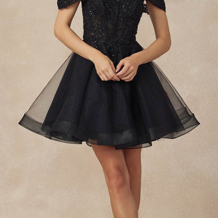 Juliet 880 Glitter Tulle A-Line Cold-Shoulder Homecoming Dress.