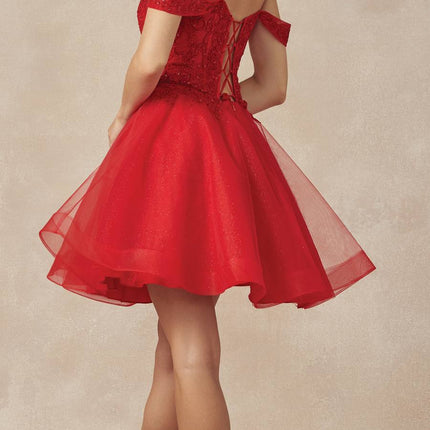Juliet 880 Glitter Tulle A-Line Cold-Shoulder Homecoming Dress.