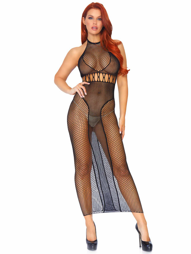Halter Dual Net Backless Dress with Cut Out Detail - Black - O/S