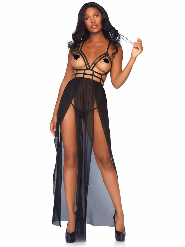2 PC Cage Strap Open Bodice Maxi Dress and G-String Panty - Black - SML/MED
