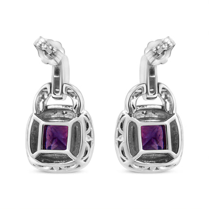 .925 Sterling Silver 8MM Natural Cushion Shaped Amethyst and Diamond Accent Halo with Push Back Dangle Earrings (I-J Color, I2-I3 Clarity)