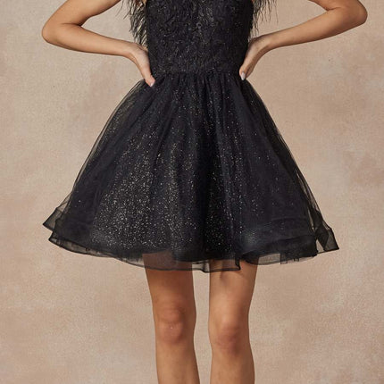 Juliet 881 Feather Straps Sheer Bodice Short A-line Tulle Dress