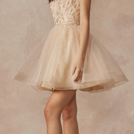 Juliet 881 Feather Straps Sheer Bodice Short A-line Tulle Dress