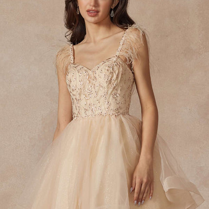 Juliet 881 Feather Straps Sheer Bodice Short A-line Tulle Dress