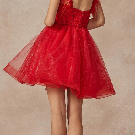 Juliet 881 Feather Straps Sheer Bodice Short A-line Tulle Dress