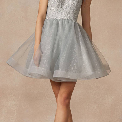 Juliet 881 Feather Straps Sheer Bodice Short A-line Tulle Dress